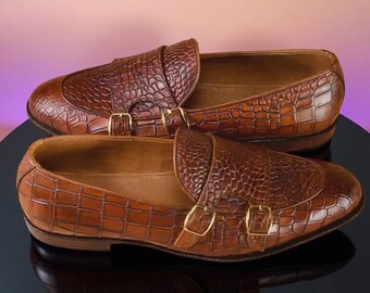 Handmade Alligator Leather Monk Strap Loafers Men's Dress Shoes man