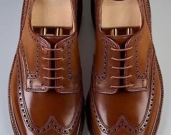 Men's Handmade Leather Shoes Brown Oxford Lace Up Wingtip Formal Dress Shoe