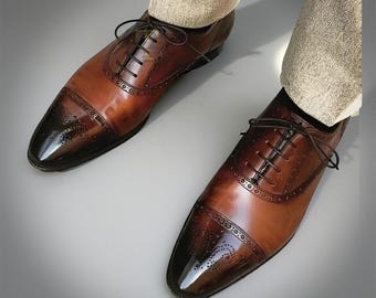 Handmade Men's Brown Leather Oxford Brogue Lace Up Cap-Toe Dress Gift new Shoes