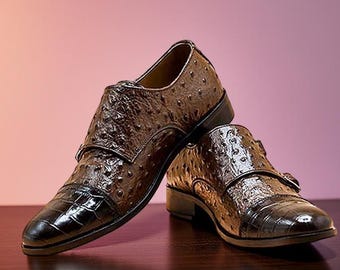 Handmade Brown Color Genuine  & Ostrich Textured Leather Cap Toe Double Monk Strap Dress Shoes For Men's With Beautiful Wooden Box