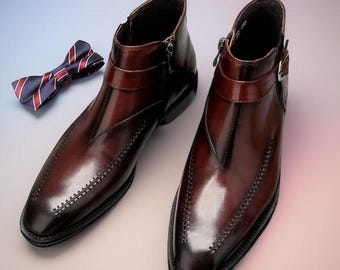 Handmade Men Brown Side Zipper Style Ankle Boots, Men Leather Dress Boots