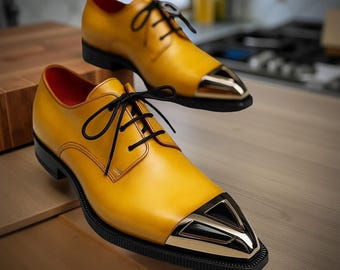 Zapatos Oxford de cuero amarillo hechos a mano: zapatos de vestir formales para hombre
