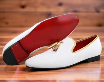 Christian louboutin Handmade White Leather Loafers, Red Sole, Gold Tassel, Prom Wedding Shoes