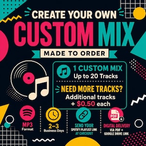 May include: A graphic advertisement on a black background with colorful geometric shapes. The text reads CREATE YOUR OWN CUSTOM MIX MADE TO ORDER, 1 CUSTOM MIX Up to 20 Tracks, NEED MORE TRACKS? Additional tracks + $0.50 each, MP3 Format, 2-3 Business Days, SEND YOUR SPOTIFY PLAYLIST LINK AT CHECKOUT, and DIGITAL DELIVERY VIA PDF + GOOGLE DRIVE LINK.