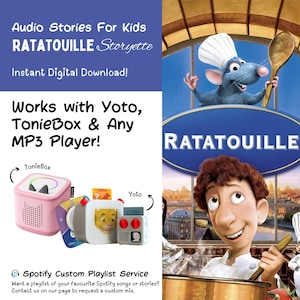 Puede incluir: Descarga digital para Audio Stories For Kids Ratatouille Storyette. Incluye un gráfico de la película Ratatouille con Remy y Linguini. Texto de compatibilidad para Yoto, TonieBox y reproductores MP3, mostrando una TonieBox rosa y un reproductor Yoto blanco.