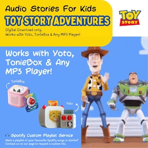 Pode incluir: Anúncio de histórias em áudio "Toy Story Adventures" para crianças. A imagem apresenta Woody e Buzz Lightyear, juntamente com os leitores de áudio Yoto e Toniebox. O texto inclui "Apenas download digital" e "Funciona com Yoto, TonieBox & Any MP3 Player!"