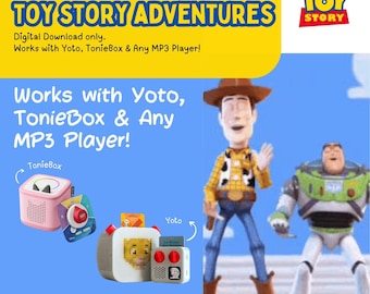 May include: A digital download advertisement for Toy Story Adventures audio stories featuring Woody and Buzz Lightyear. The graphic displays a pink TonieBox, a white Yoto player, and text stating it works with Yoto, TonieBox, and any MP3 player.