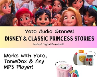 May include: A digital download featuring Disney and classic princess characters with text reading Yoto Audio Stories! Disney & Classic Princess Stories. Includes images of a Yoto player and a Toniebox, with text stating it works with Yoto, TonieBox & Any MP3 Player.