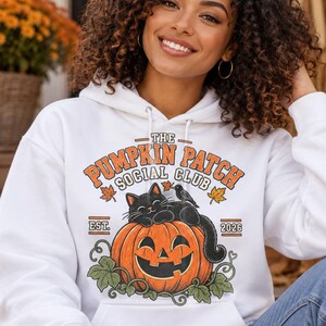 The Pumpkin Patch Social Club | Premium Boutique Pullover Hoodie Fall Shirt, Vintage Black Cat Halloween Graphic Tee, Autumn Pumpkin Top