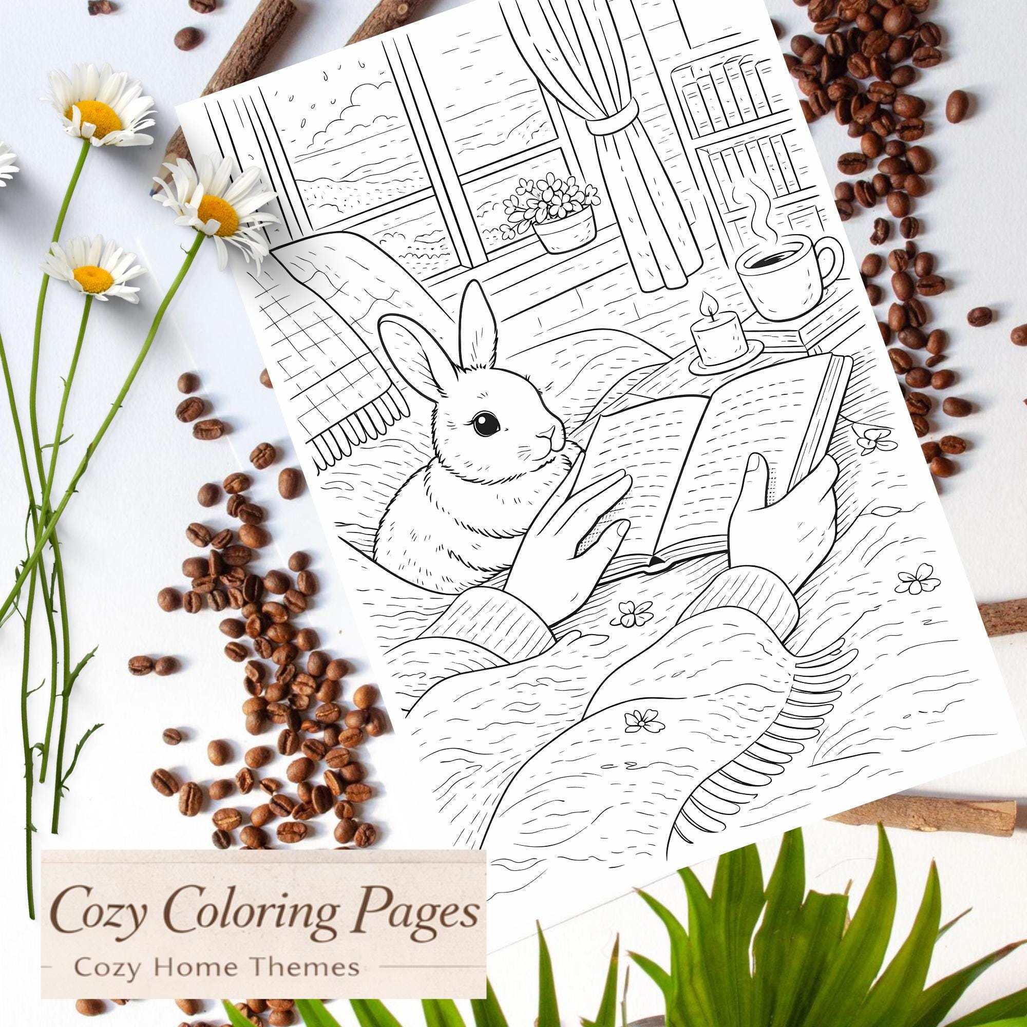 Printable Reader Rabbit Reading With Rabbit Coloring Page, Cozy Bunny Printable, Adult Coloring ...