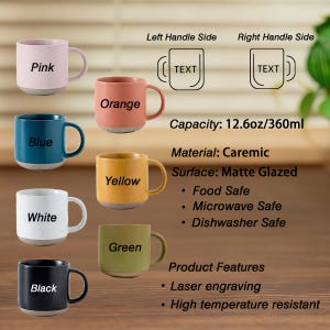 May include: A collection of ceramic mugs in various colors: pink, blue, orange, yellow, white, green, and black. Each mug has a matte glazed surface and a capacity of 12.6oz/360ml. Features include laser engraving and high temperature resistance.