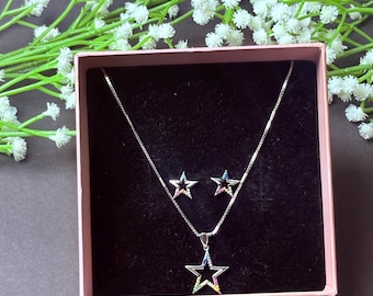 Silver Rainbow Star Jewelry Set | Multicolor Crystal Star Pendant Necklace & Stud Earrings | Silver Set for Women And Girls | Gift for Her