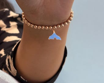 Gold Beaded Bracelet with Blue Whale Tail Charm, Ocean Jewelry,gift for valentine ,Handmade, 925 sterling silver