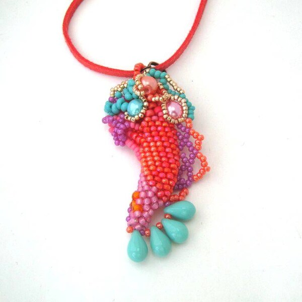 Colorful beaded jewelry Seed bead necklace Boho pendant Orange and turquoise freeform beaded pendant