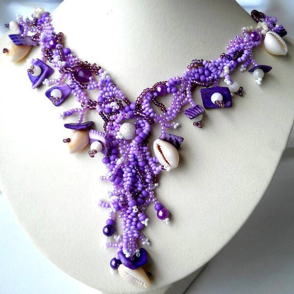 Beaded jewelry. Freeform Peyote Necklace, ooak Jewelry, purple, lilac, lavender, shell, unique gifts, summer fashion