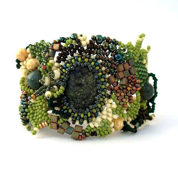 Beaded jewelry. Freeform peyote beaded cuff bracelet, with green, brown, creame beads, winter fashion, ooak,