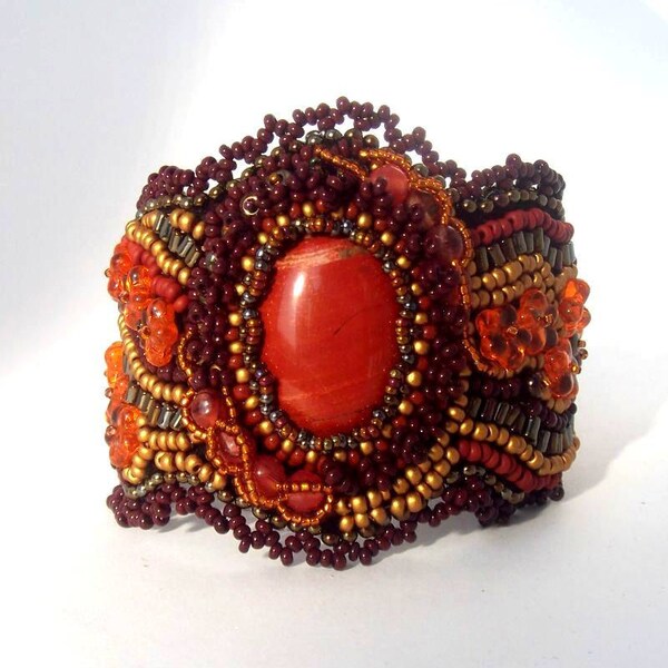 Bead embroidered cuff bracelet with red jasper- Unique gift  for her Brown terracotta burgundy gold OOAK jewelry