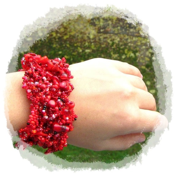 Beadwoven Freeform Cuff Bracelet Statement Bracelet Bold Scarlet Red& Black Cuff Red Black Bracelet Gift for Her by enchantedbeads on Etsy