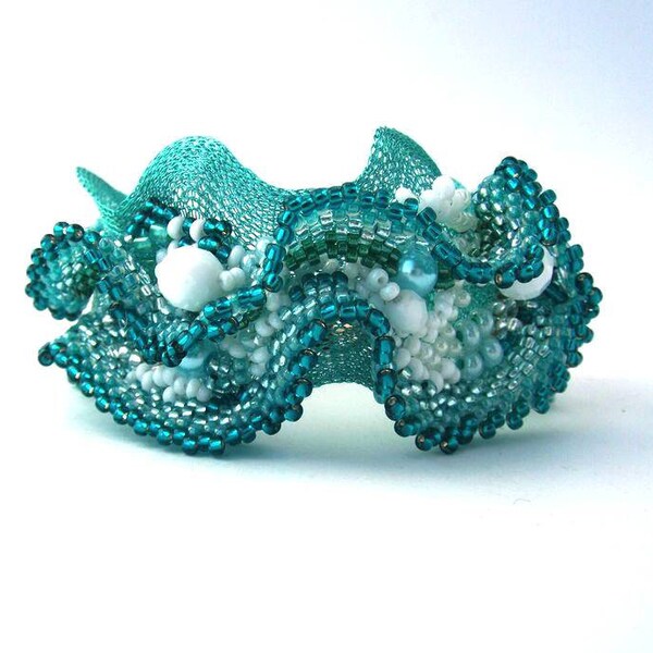 Beaded jewelry. Freeform Peyote Beaded Cuff Bracelet with Teal, Turquoise Green, Aquamarine colors, Wire lace, Unique gifts, Summer Fashion