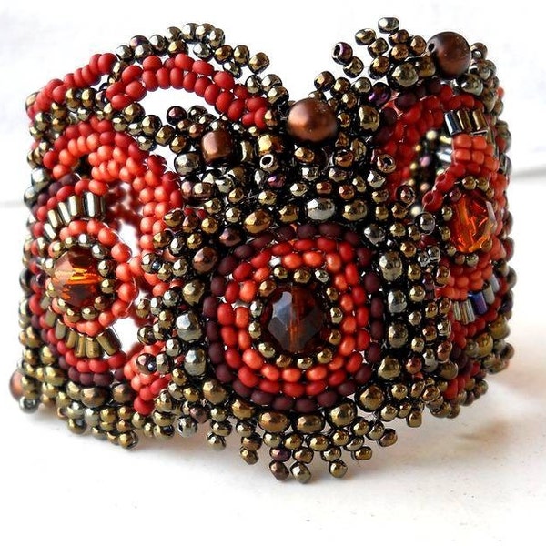 Beaded bracelet  Freeform, freestyle Cuff Bracelet, unique gift, brown, terracotta, iris bronze, ooak jewelry