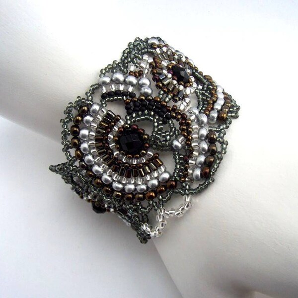 Black silver bracelet Beaded jewelry Unique Handmade Freeform Seed bead bracelet cuff