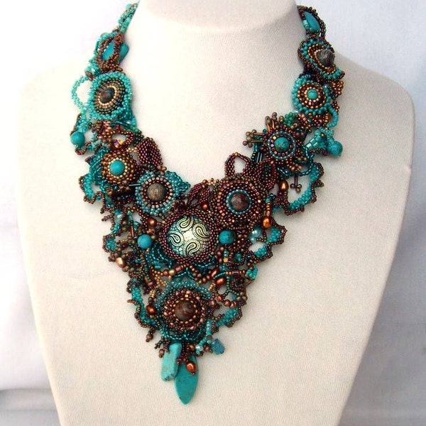 Beadwork necklace, Seed bead jewelry, beaded art necklace, Statement jewelry, Turquoise brown