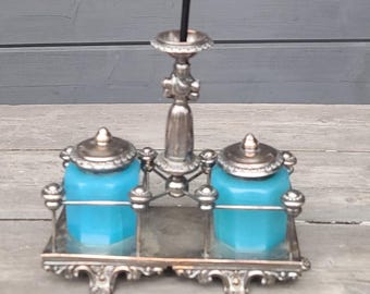 Tintero antiguo • Cristal azul opaco • Bañado en plata • Época victoriana / Belle Époque