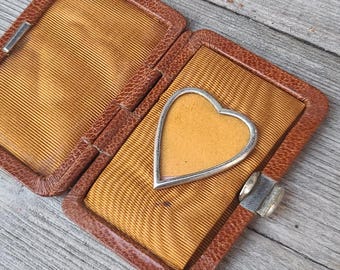 Antique Photo Locket Art Deco 1920 • Heart Medallion • Leather Metal Case • Vintage Keepsake