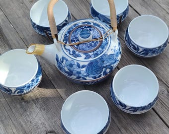 Vintage Japanese tea set for 6 people. Tsurumatsu, Japan.