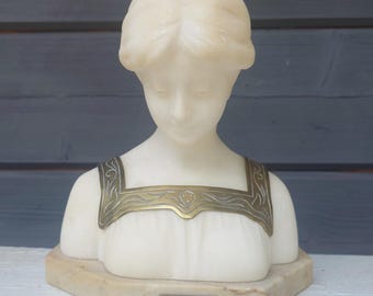 Antique Art Nouveau Bust Meditation c1900 • WR Senter Alabaster & Brass Girl Sculpture • Vintage Carved Marble Statue German Italian French