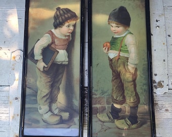 Pair of Antique Art Nouveau Framed Lithographs Black Wood Picture Frames German Schoolboy Art Prints Vintage Country Home Wall Decor Gift