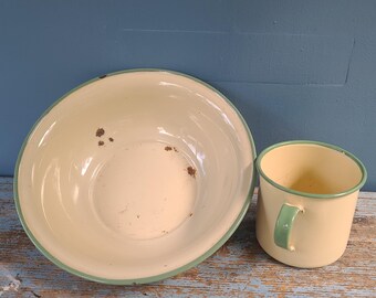 Vintage Kockums Sweden Enamelware Set Large 26cm Bowl and Mug Cream and Green Swedish Country Kitchen Decor