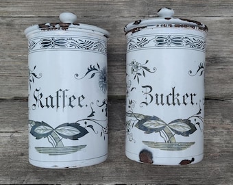 2 x Shabby Chic storage tins - coffee and sugar - enameled tins from the late 19th century.