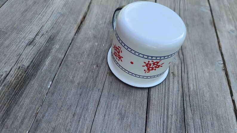 May include: White enamel mug with a blue rim and handle, decorated with red floral patterns and a blue dotted border. The mug sits on a weathered wooden surface.