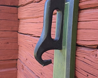 Antique Swedish Horse Mangle Board 19th Century. Green Painted Wood Folk Art Mangling Board from Sweden with Horse Handle & Rider