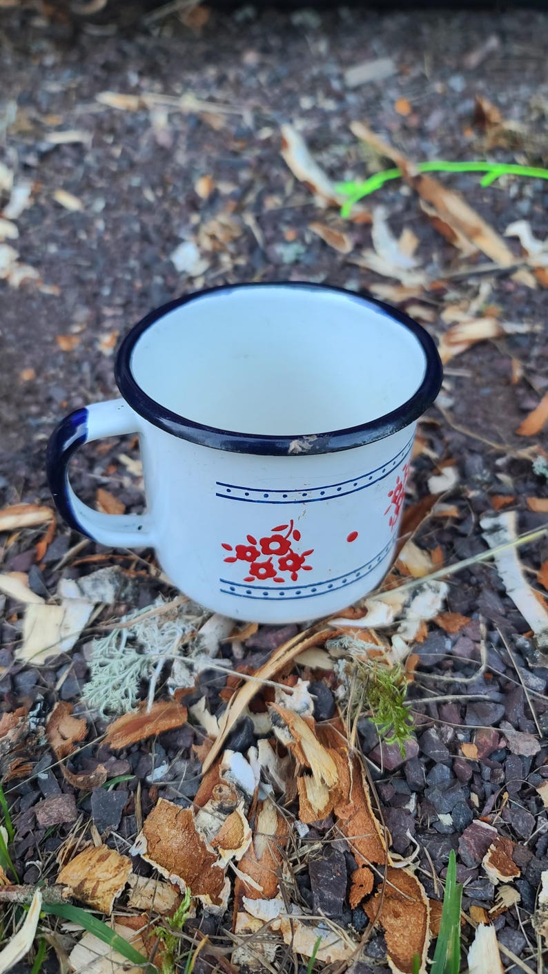 May include: White enamel mug with a dark blue rim and handle. The mug features a red floral design and a dark blue stripe. The mug is sitting on a bed of mulch and small rocks.