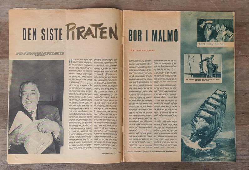 Puede incluir: Una p&aacute;gina de revista vintage con el titular DEN SISTE PIRATEN BOR I MALM&Ouml;. El dise&ntilde;o incluye fotograf&iacute;as en blanco y negro de un hombre, un barco en el mar y columnas de texto impresas en papel envejecido con un borde marr&oacute;n claro.