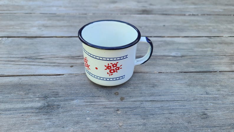 May include: White enamel mug with a blue rim and handle, decorated with red floral patterns and blue dotted lines. The mug sits on a weathered wooden surface, showcasing a vintage aesthetic.