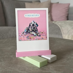 Può includere: Una stampa con cornice bianca con un cucciolo di dalmata coperto di schizzi di vernice colorati, con il testo tedesco "SEI EINZIG, NICHT ARTIG!" su sfondo rosa. La stampa è esposta in un supporto rosa, con un blocco verde e bianco sotto.