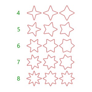 May include: A grid of red star outlines with varying numbers of points, from four to eight. The number of points for each row is indicated by a green number to the left of the stars.