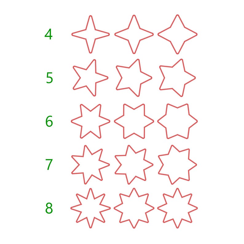 May include: A grid of red star outlines with varying numbers of points, from four to eight. The number of points for each row is indicated by a green number to the left of the stars.