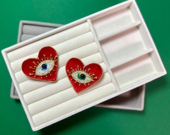 Handmade Red Velvet Eye Brooch, Beaded Gold Charm 1pc