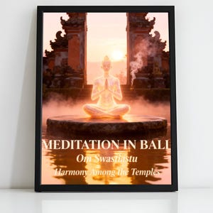 Bali Temple Sunrise Meditation Art, Sacred Reflection Spiritual Calm Mindful Wall Decor