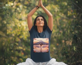 Yoga in Japan Mount Fuji T-Shirt, Japanese Yoga Travel Tee with Mount Fuji Graphic, Unisex Graphic Tee for Yoga Practice and Travel Japan