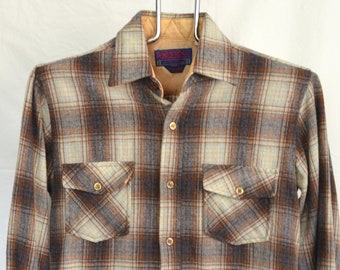 Shadow Plaid Wool Blend Shirt Mens Small Unisex Womens Vintage Blue Brown White Ponderosa Camping Fishing Hiking VTG