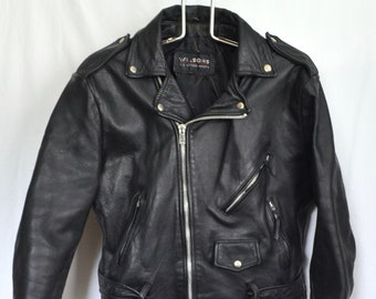 Vintage Black Leather Motorcycle Jacket Mens Medium / Large Womens Moto Biker Punk Heavy Metal Wilsons Genuine Leather YKK Zipper VTG