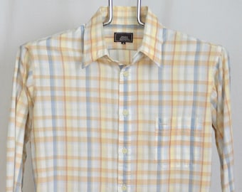 Vintage pastel geruit shirt heren medium uniseks dames lange mouw geel wit bruin tan blauw lichtgewicht dunne John Henry jaren 80