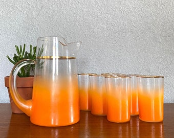 Vintage Blendo Juice Glass Pitcher Set Of 6 Water Cups Clear Orange Gold Rim Ombre MCM Mid Century Modern Six Glasses Bar Barware VTG WV
