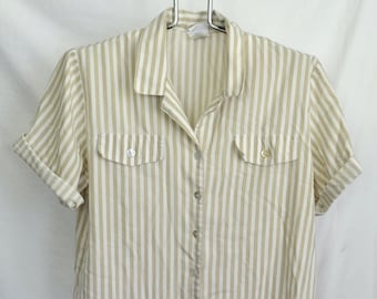 Vintage Tan White Striped Shirt Womens Extra Large XL Bobbie Brooks Short Sleeve Button Up Vertical Stripe Oversize Baggy Slouchy Fit VTG