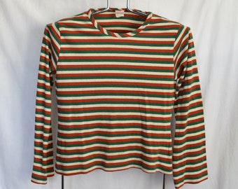 Womens Striped Long Sleeve T Shirt XXS Small Vintage Rust Orange Green White Stripe Grunge Surfer Raver Club Kid Daggonit's USA Blouse VTG